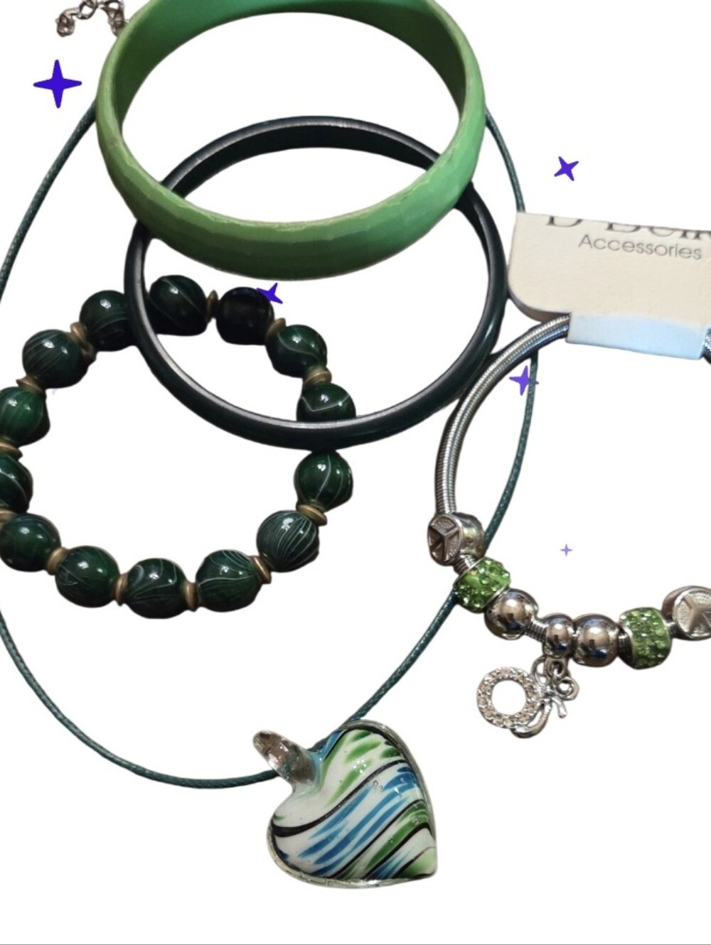 Green Beaded & Heart Pendant Bracelet Set
